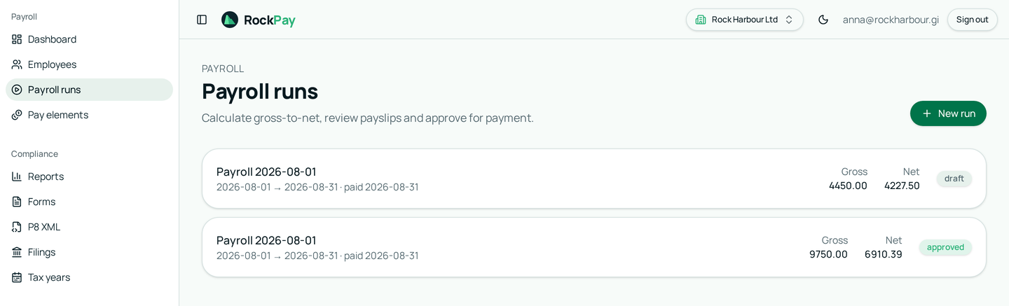 RockPay payroll runs screen showing draft and approved Gibraltar pay runs